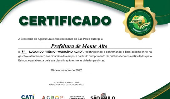 Monte Alto fica entre as dez mais no Município Agro 2021/2022